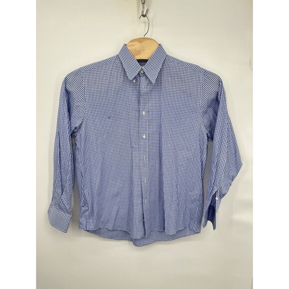 VTG Yves Saint Laurent Dress Shirt Mens 16.5 Blue White Plaid Gingham Button Up - Picture 6 of 15